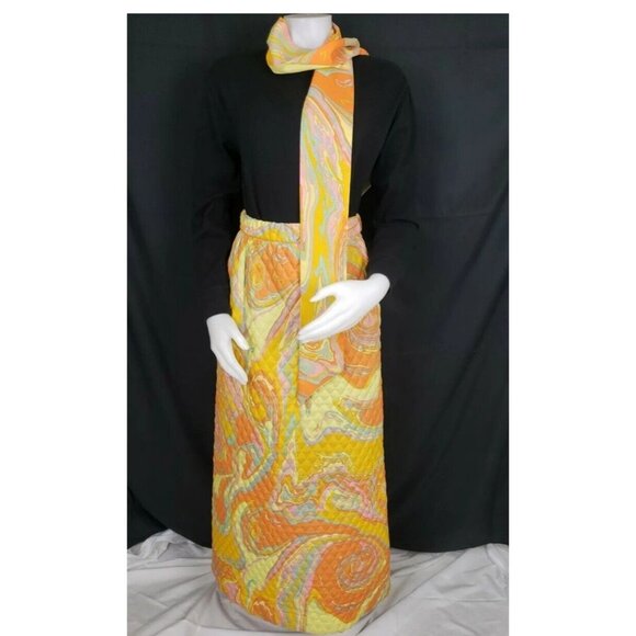 70s Bold Orange Oil Slick Quilted Maxi Skirt Sz 10 Park East by Swirl Mod Op Art - Picture 15 of 15